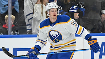 Oct 25, 2025; Toronto, Ontario, CAN; Buffalo Sabres right wing Josh Doan (91) in warmups against the Toronto Maple Leafs at Scotiabank Arena. Mandatory Credit: Gerry Angus-Imagn Images