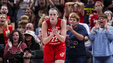 Sep 13, 2024; Indianapolis, Indiana, USA; Indiana Fever guard Caitlin Clark (22) celebrates while on defense Friday, Sept. 13, 2024, during a game between the Indiana Fever and the Las Vegas Aces on Friday, Sept. 13, 2024, at Gainbridge Fieldhouse in Indianapolis. The Aces defeated the Fever, 78-74.  Mandatory Credit:  Grace Smith/USA TODAY Network via Imagn Images