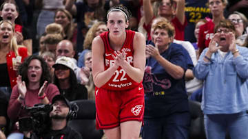 Sep 13, 2024; Indianapolis, Indiana, USA; Indiana Fever guard Caitlin Clark (22) celebrates while on defense Friday, Sept. 13, 2024, during a game between the Indiana Fever and the Las Vegas Aces on Friday, Sept. 13, 2024, at Gainbridge Fieldhouse in Indianapolis. The Aces defeated the Fever, 78-74.  Mandatory Credit:  Grace Smith/USA TODAY Network via Imagn Images