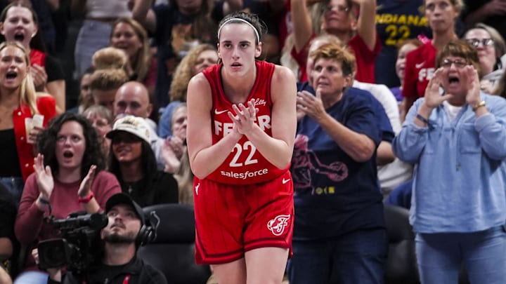 Sep 13, 2024; Indianapolis, Indiana, USA; Indiana Fever guard Caitlin Clark (22) celebrates while on defense Friday, Sept. 13, 2024, during a game between the Indiana Fever and the Las Vegas Aces on Friday, Sept. 13, 2024, at Gainbridge Fieldhouse in Indianapolis. The Aces defeated the Fever, 78-74.  Mandatory Credit:  Grace Smith/USA TODAY Network via Imagn Images