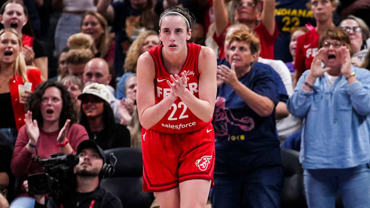 Indiana Fever guard Caitlin Clark (22) celebrates while on defense 