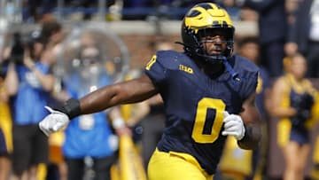 Sep 14, 2024; Ann Arbor, Michigan, USA;  Michigan Wolverines defensive end Josaiah Stewart (0) pursues a play on defense against the Arkansas State Red Wolves at Michigan Stadium. Mandatory Credit: Rick Osentoski-Imagn Images