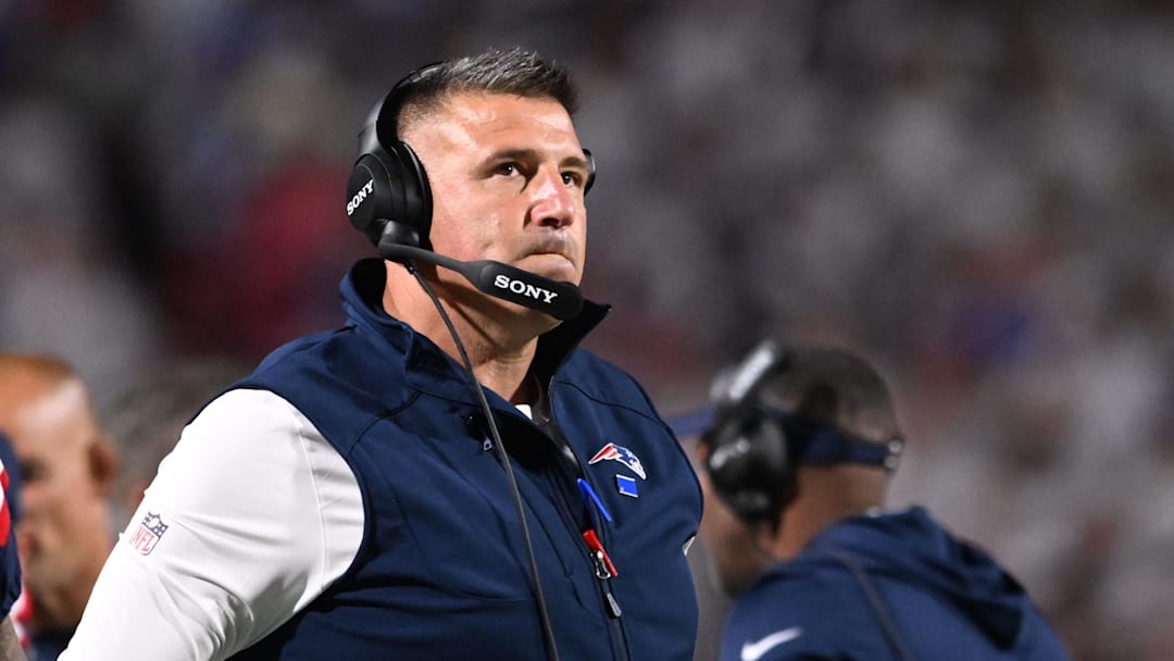 Oct 5, 2025; Orchard Park, New York, USA; New England Patriots head coach Mike Vrabel during the first half at Highmark Stadium. Mandatory Credit: Mark Konezny-Imagn Images