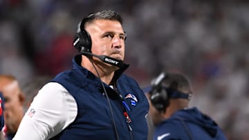 Oct 5, 2025; Orchard Park, New York, USA; New England Patriots head coach Mike Vrabel during the first half at Highmark Stadium. Mandatory Credit: Mark Konezny-Imagn Images
