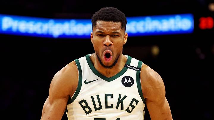 Mar 24, 2025; Phoenix, Arizona, USA; Milwaukee Bucks forward Giannis Antetokounmpo (34) reacts after a play during the second quarter against the Phoenix Suns at Footprint Center. Mandatory Credit: Mark J. Rebilas-Imagn Images