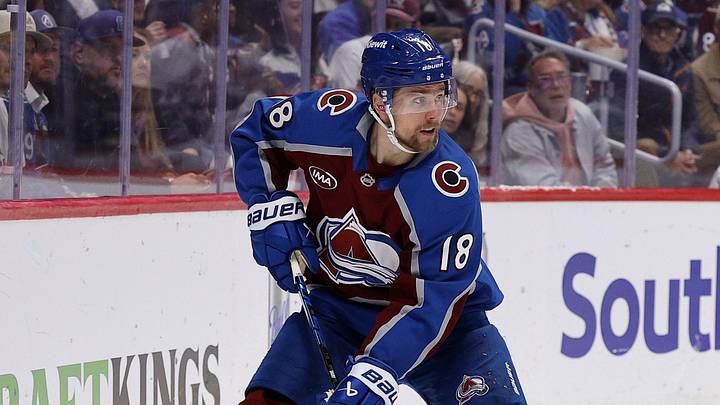 May 20, 2026; Denver, Colorado, USA; Colorado Avalanche center Jack Drury (18) skates during the second period against the Vegas Golden Knights in game one of the Western Conference Final of the 2026 Stanley Cup Playoffs at Ball Arena. Mandatory Credit: Isaiah J. Downing-Imagn Images