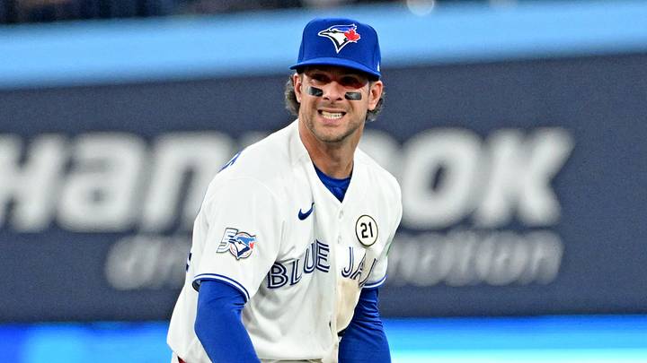 Sep 15, 2026; Toronto, Ontario, CAN;  Toronto Blue Jays second baseman Ernie Clement (22) reacts after throwing out Detroit Tigers catcher Eduardo Valencia (not shown) in the second inning at Rogers Centre.  Mandatory Credit: Dan Hamilton-Imagn Images
