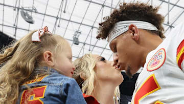 Patrick Mahomes, Brittany Mahomes and Sterling at the Allegiant Stadium in Las Vegas.