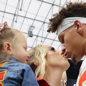 Patrick Mahomes, Brittany Mahomes and Sterling at the Allegiant Stadium in Las Vegas.
