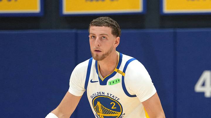 San Francisco, CA, USA;  Golden State Warriors guard Brandin Podziemski (2) dribbles the ball during Media Day at the Chase Center.  Mandatory Credit: Cary Edmondson-Imagn Images
