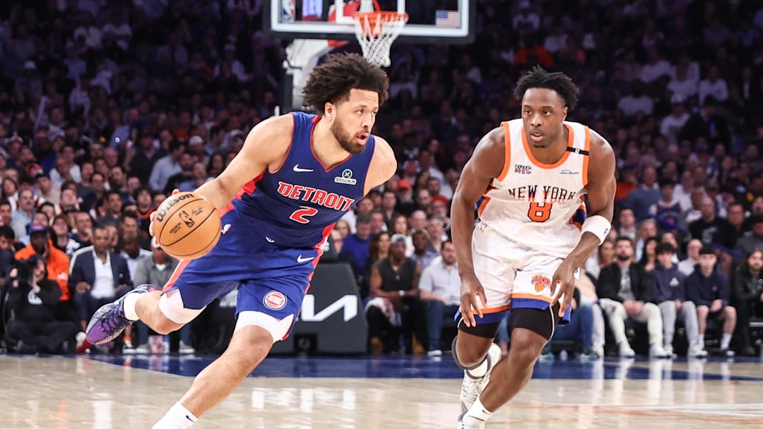 Apr 29, 2025; New York, New York, USA; Detroit Pistons guard Cade Cunningham (2) drives past New York Knicks forward OG Anunoby (8) in the second quarter during game five of first round for the 2025 NBA Playoffs at Madison Square Garden. Mandatory Credit: Wendell Cruz-Imagn Images Apr 29, 2025; New York, New York, USA; Detroit Pistons guard Cade Cunningham (2) drives past New York Knicks forward OG Anunoby (8) in the second quarter during game five of first round for the 2025 NBA Playoffs at Madison Square Garden. Mandatory Credit: Wendell Cruz-Imagn Images