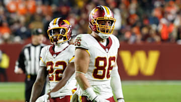 Nov 30, 2025; Landover, Maryland, USA; Washington Commanders tight end Zach Ertz (86) reacts after a catch against the Denver Broncos in the second quarter of the game at Northwest Stadium. Mandatory Credit: Geoff Burke-Imagn Images