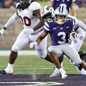 Aug 31, 2024; Manhattan, Kansas, USA; Kansas State Wildcats running back Dylan Edwards (3) finds room to run in the fourth quarter against the Tennessee-Martin Skyhawks at Bill Snyder Family Football Stadium. Mandatory Credit: Scott Sewell-Imagn Images