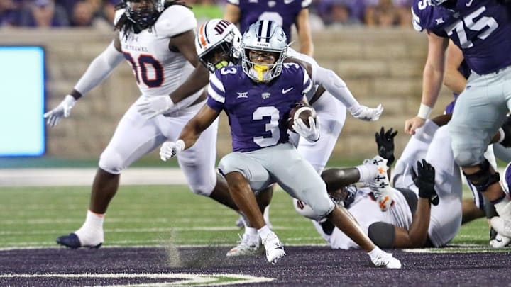 Aug 31, 2024; Manhattan, Kansas, USA; Kansas State Wildcats running back Dylan Edwards (3) finds room to run in the fourth quarter against the Tennessee-Martin Skyhawks at Bill Snyder Family Football Stadium. Mandatory Credit: Scott Sewell-Imagn Images