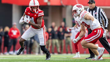 Nebraska wide receiver Jahmal Banks heads upfield for a 15-yard gain on a pass from quarterback Dylan Raiola against Wisconsin.