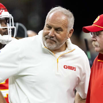 Feb 9, 2025; New Orleans, LA, USA;  Kansas City Chiefs special teams coordinator Dave Toub (left) with head coach Andy Reid against the Philadelphia Eagles in Super Bowl LIX at Ceasars Superdome. Mandatory Credit: Mark J. Rebilas-Imagn Images
