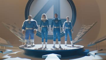 (L-R): Ebon Moss-Bachrach as Ben Grimm/The Thing, Vanessa Kirby as Sue Storm/Invisible Woman, Pedro Pascal as Reed Richards/Mister Fantastic and Joseph Quinn as Johnny Storm/Human Torch in 20th Century Studios/Marvel Studios' THE FANTASTIC FOUR: FIRST STEPS. Photo courtesy of 20th Century Studios/Marvel Studios. © 2025 20th Century Studios / © and ™ 2025 MARVEL.