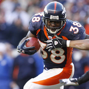 Jan 22, 2006; Denver, CO, USA; Denver Broncos running back (38) Mike Anderson is stopped by Pittsburgh Steelers cornerback (26) Deshea Townsend during the 4th quarter of the AFC Championship Game at Invesco Field at Mile High.