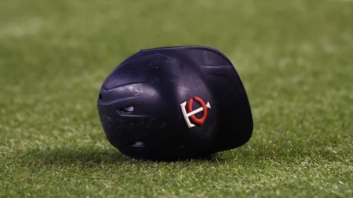Jun 17, 2022; Phoenix, Arizona, USA; Detailed view of a Minnesota Twins batting helmet on the field against the Arizona Diamondbacks at Chase Field. Mandatory Credit: Mark J. Rebilas-USA TODAY Sports