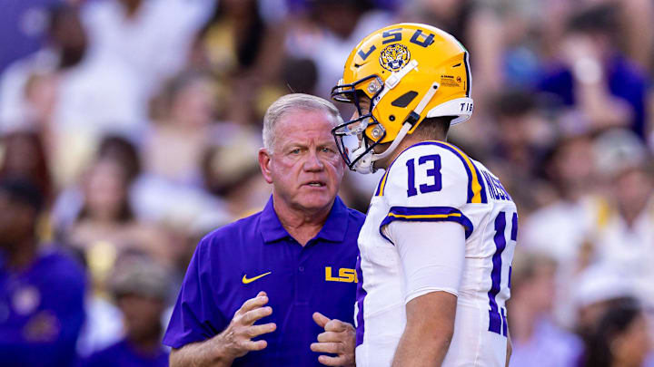 LSU Tigers quarterback Garrett Nussmeier and head coach Brian Kelly