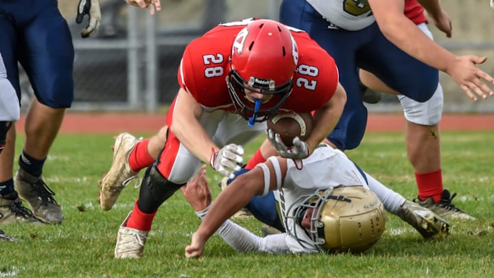 CVU's Asher Vaughn is tackled by Essex's Carter Crete during the Redhawks' D1 football semifinal vs the Hornets on Saturday afternoon in Hinesburg
D1 Football Semifinal Essex At Cvu 05nov22 9006 CVU's Asher Vaughn is tackled by Essex's Carter Crete during the Redhawks' D1 football semifinal vs the Hornets on Saturday afternoon in Hinesburg
D1 Football Semifinal Essex At Cvu 05nov22 9006