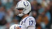 Dec 7, 2025; Jacksonville, Florida, USA; Indianapolis Colts quarterback Daniel Jones (17) stands in shoot gun formation prior to the snap against the Jacksonville Jaguars during the first half at EverBank Stadium. Mandatory Credit: Matt Pendleton-Imagn Images
