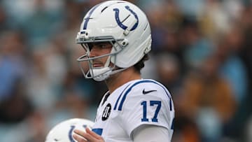 Dec 7, 2025; Jacksonville, Florida, USA; Indianapolis Colts quarterback Daniel Jones (17) stands in shoot gun formation prior to the snap against the Jacksonville Jaguars during the first half at EverBank Stadium. Mandatory Credit: Matt Pendleton-Imagn Images