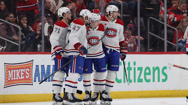 Apr 4, 2026; Newark, New Jersey, USA; Montréal Canadiens defenseman Lane Hutson (48) celebrates his goal against the New Jersey Devils during the second period at Prudential Center. Mandatory Credit: Thomas Salus-Imagn Images