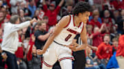 Louisville Cardinals Mikel Brown Jr. (0) celebrated after hitting a three during first half action as the Louisville Cardinals hosted the Kentucky Wildcats at the KFC Yum! Center on Tuesday, Nov. 11, 2025.