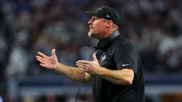 Dec 30, 2023; Arlington, Texas, USA;  Detroit Lions head coach Dan Campbell reacts during the fourth quarter against the Dallas Cowboys at AT&T Stadium. Mandatory Credit: Kevin Jairaj-USA TODAY Sports