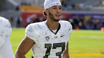 Nov 18, 2023; Tempe, Arizona, USA; Oregon Ducks quarterback Ty Thompson (13) against the Arizona State Sun Devils at Mountain America Stadium.