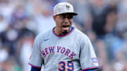 May 17, 2025; Bronx, New York, USA; New York Mets relief pitcher Edwin Diaz (39) reacts after striking out New York Yankees right fielder Aaron Judge (not pictured) to end the game at Yankee Stadium. Mandatory Credit: Brad Penner-Imagn Images