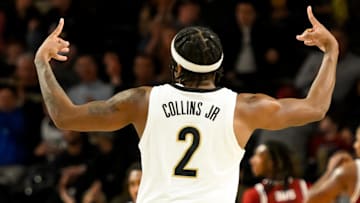 Jan 15, 2025; Nashville, Tennessee, USA;  Vanderbilt Commodores guard MJ Collins Jr. (2) reacts after a made three against the South Carolina Gamecocks during the first half at Memorial Gymnasium