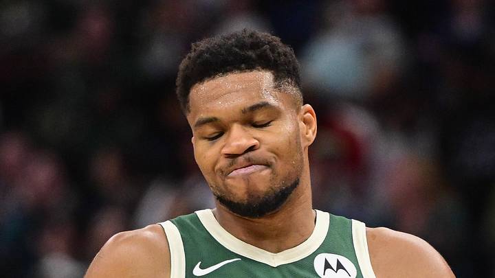 Milwaukee Bucks forward Giannis Antetokounmpo (34) reacts after missing a shot late in the fourth quarter against the Sacramento Kings at Fiserv Forum on November 1, 2025.