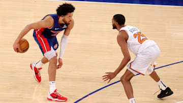 Jan 13, 2025; New York, New York, USA; Detroit Pistons guard Cade Cunningham (2) controls the ball against New York Knicks forward Mikal Bridges (25) during the fourth quarter at Madison Square Garden. Mandatory Credit: Brad Penner-Imagn Images