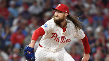 Apr 29, 2025; Philadelphia, Pennsylvania, USA; Philadelphia Phillies pitcher Matt Strahm (25) throws a pitch against the Washington Nationals at Citizens Bank Park. 