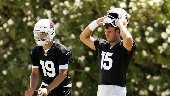 Arizona Cardinals quarterbacks Clayton Tune (15) and Desmond Ridder (19) during organized team activities at the Dignity Health Arizona Cardinals Training Center in Tempe on June 3, 2024.