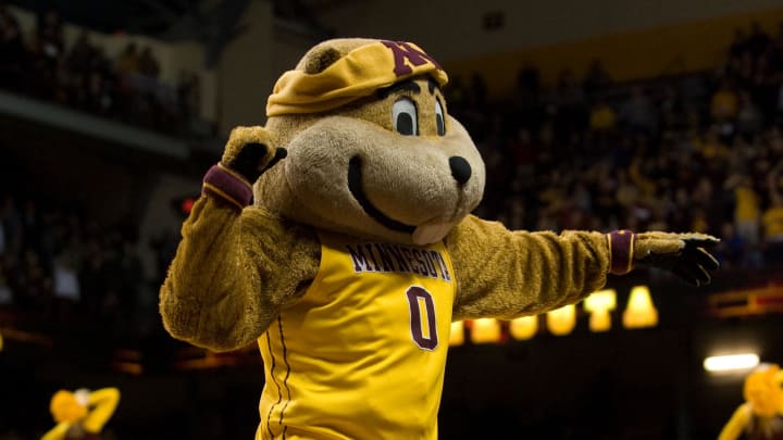 Jan 2, 2014; Minneapolis, MN, USA; Minnesota Gophers mascot Goldy Gopher during a time out late in the game between the Minnesota Gophers and the Michigan Wolverines at Williams Arena.  The Wolverines defeated the Gophers 63-60.  Mandatory Credit: Marilyn Indahl-USA TODAY Sports