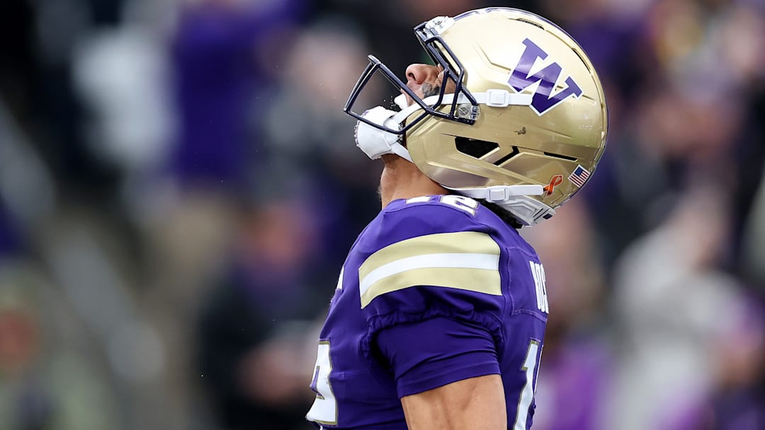 Washington wide receiver Denzel Boston celebrates the first of two touchdowns he scored in the Huskies' 26-14 Week 14 loss to No. 5 Oregon. Washington wide receiver Denzel Boston celebrates the first of two touchdowns he scored in the Huskies' 26-14 Week 14 loss to No. 5 Oregon.