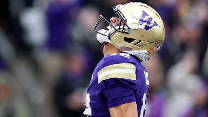 Washington wide receiver Denzel Boston celebrates the first of two touchdowns he scored in the Huskies' 26-14 Week 14 loss to No. 5 Oregon.
