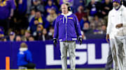 Nov 30, 2024; Baton Rouge, Louisiana, USA;  LSU Tigers head coach Brian Kelly looks on against the Oklahoma Sooners during the fourth quarter at Tiger Stadium. Mandatory Credit: Stephen Lew-Imagn Images