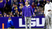Nov 30, 2024; Baton Rouge, Louisiana, USA;  LSU Tigers head coach Brian Kelly looks on against the Oklahoma Sooners during the fourth quarter at Tiger Stadium. Mandatory Credit: Stephen Lew-Imagn Images