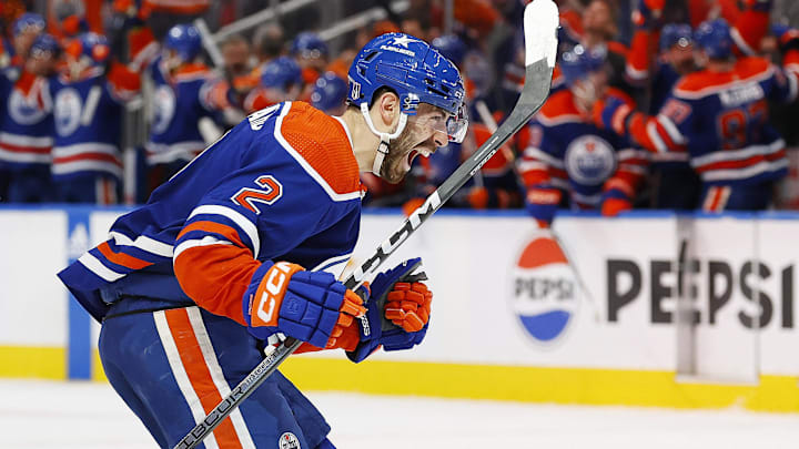 Edmonton Oilers defensemen Evan Bouchard (2) celebrates after scoring a goal