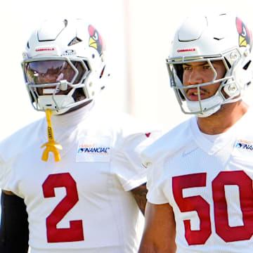 Arizona Cardinals inside linebackers Cody Simon (50) and Mack Wilson Sr. (2) during mini-camp at the Cardinals training center in Tempe on Jun 11, 2025.