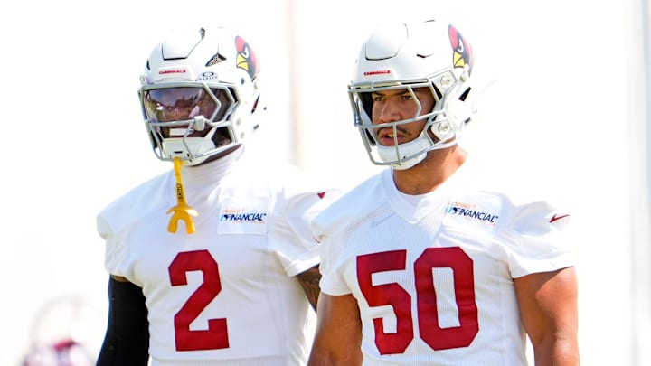 Arizona Cardinals inside linebackers Cody Simon (50) and Mack Wilson Sr. (2) during mini-camp at the Cardinals training center in Tempe on Jun 11, 2025. Arizona Cardinals inside linebackers Cody Simon (50) and Mack Wilson Sr. (2) during mini-camp at the Cardinals training center in Tempe on Jun 11, 2025.