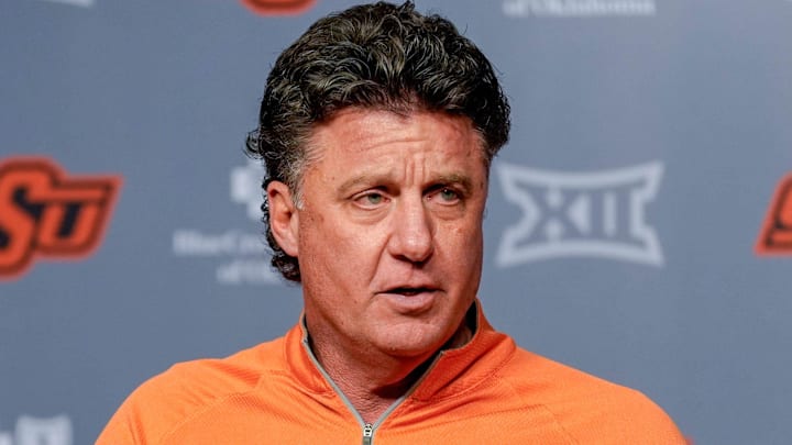Oklahoma State head football coach Mike Gundy speaks during a press conference at Boone Pickens Stadium in Stillwater Okla., on Thursday, Jan. 23, 2025. Oklahoma State head football coach Mike Gundy speaks during a press conference at Boone Pickens Stadium in Stillwater Okla., on Thursday, Jan. 23, 2025.