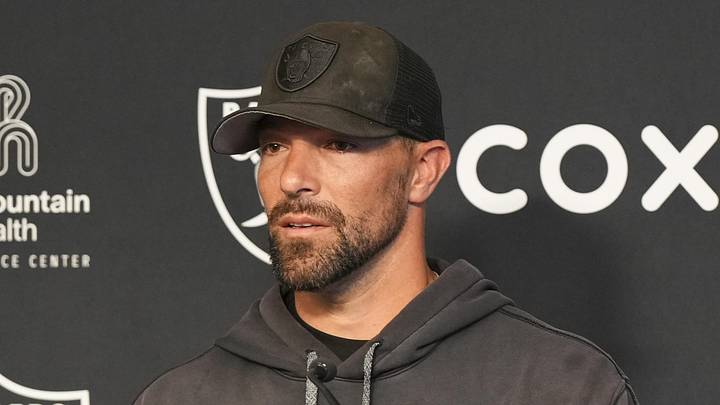 Las Vegas Raiders defensive coordinator Rob Leonard speaks during a news conference during organized team activities.