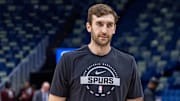 Oct 24, 2025; New Orleans, Louisiana, USA; San Antonio Spurs center/forward Luke Kornet (7) during warmups before the game against the New Orleans Pelicans at Smoothie King Center.