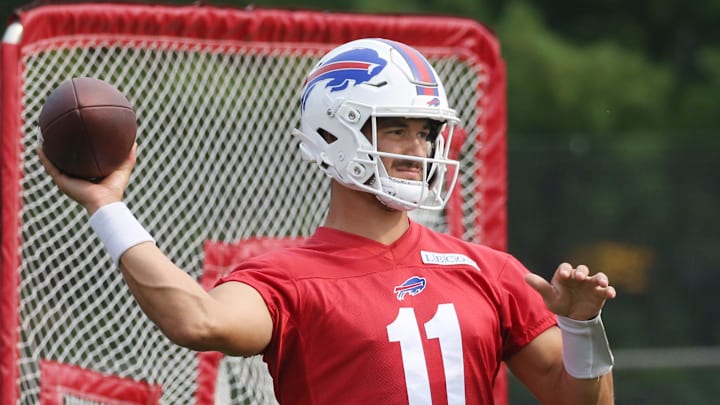 Bills quarterback Mitch Trubisky throws at targets during the final day of Buffalo Bills training camp at St. John Fisher University Thursday, August 7, 2025 in Pittsford, NY.