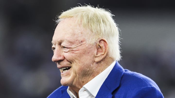 Dec 21, 2025; Arlington, Texas, USA; Dallas Cowboys owner Jerry Jones stands on the field during pregame warmups against the Los Angeles Chargers at AT&T Stadium. Mandatory Credit: Kevin Jairaj-Imagn Images